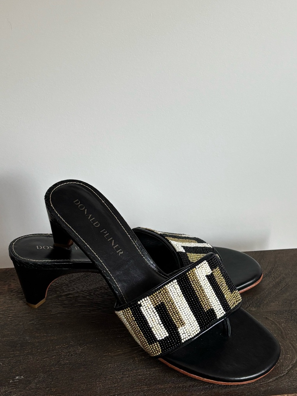 Donald J. Pliner Black Beaded Mule Slides with Metallic Accent